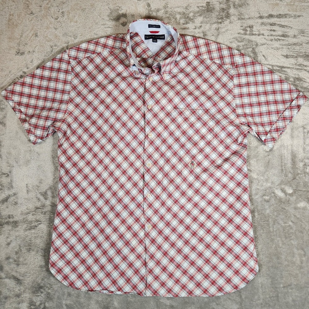 Tommy Hilfiger Shirt Men's Size XL‎ Red White Black Plaid Button Down Vintage